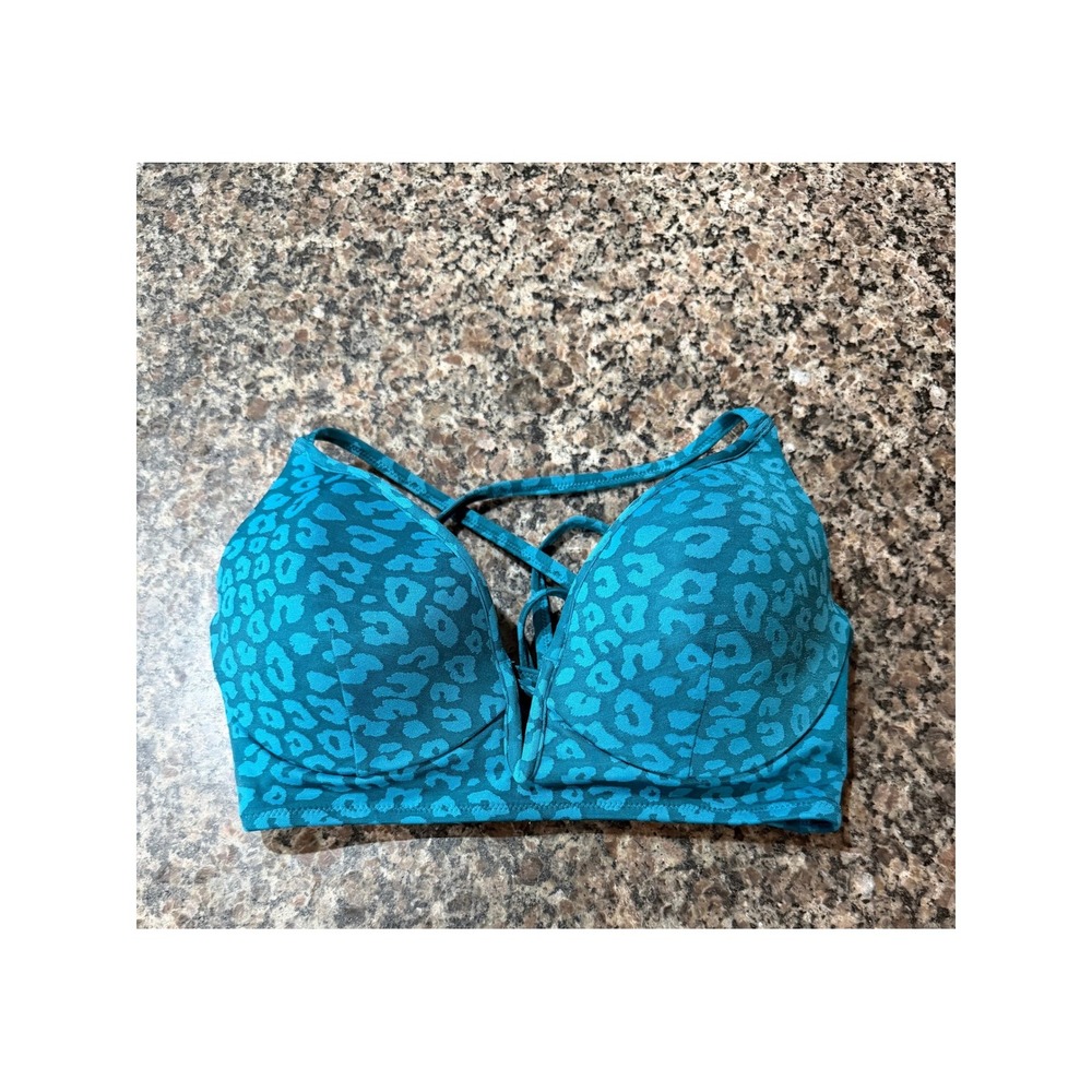 Shade & Shore Teal Leopard Print Strappy Back Bikini Top Size 34C Underwire